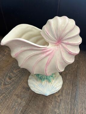 Vintage Camark Pottery Pink Cream Nautilus Shell Planter Art Deco Coastal Vase